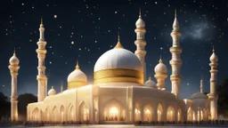 Hyper Realistic White-&-Golden-Mosque with beautifully-crafted-domes-&-minarets & light-lamp-stand at beautiful dark night with stars on sky & few men worshiping