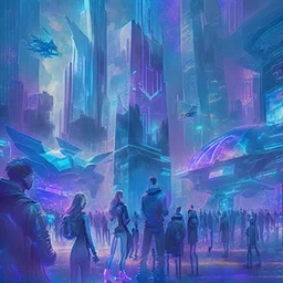 A group of people gather in a futuristic plaza, surrounded by towering skyscrapers and holographic advertisements. The plaza is filled with blue and purple light, and flying vehicles can be seen in the background. Digital art