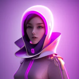 Cute girl in a robotic hijab suit,purple and pink backlight, orange lighting, profile