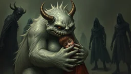 gentle, protective monster protects and hugs the alone sad child against bad tall dark evil people, random background , highly detailed, weird , surreal mood
