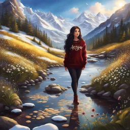 country side ,blue sky , snow on mountains, pretty clouds ,small rocky river with clear water small rocks in floor,wild flowers,beautiful Snow White, long shiny black curvy hair, wearing a burgundy sweater with the word Azerbeyjan written on it, in gold, work clothes, standing, super realistic Fairy lights, intricate detail, texture, depth, vividness, movement, namex, energy, bioluminescence, stunning, epic, ultra-detailed, 8K photography by Miki Asai Macro, close-up, extremely detailed, po