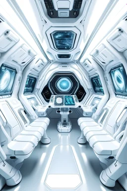intérieur de vaisseau galactique blanc et très lumineux, poste de pilotage