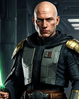 star wars bald male corellian jedi pilot wearing black and gunmetal grey old republic armored robes with gold trim inside the jedi temple holding a lightsaber with viridian green blade in left hand, centered head and shoulders portrait, hyperdetailed, dynamic lighting, hyperdetailed background, 8k resolution, volumetric lighting, light skin, fully symmetric details