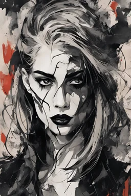 portrait illustration of a vampire girl, in the style of threadbare abstract expressionism, ebony , black, and pewter , vintage abstract cut-and-paste, ricoh gr iii, editorial illustrations, fine lines, highly detailed