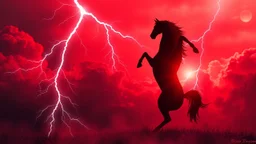 full silhouette of a horse rearing up(on right facing left, outlined by lightning), red cloudy sky, lightning bolts(from top to bottom left), digital painting