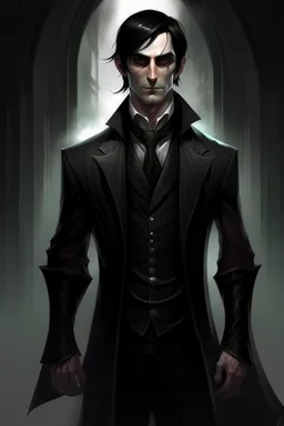the dark butler, elf with dark hair, dark clothes, shadow magic