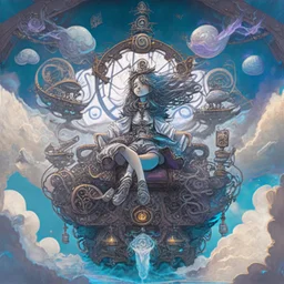 a girl, of a skilled spellcaster, sitting on a throne-like seat, surrounded by pulsating arcane symbols and intricate controls, ((on the deck)) of a majestic ((((flying)))) ((Spelljammer)) ((sailing ship floating on misty clouds in the sky)), navigating through a dreamlike realm of levitating islands and otherworldly landscapes. Positioned on the ship's deck, radiant colors, magical energy flowing from the spellcaster's hands, fueling the ship's flight. digital art, anime