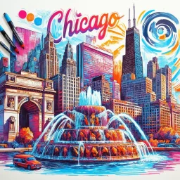 tourist poster of Chicago, Illinois in vibrant marker art style, featuring iconic landmarks such as Cloud Gate, Buckingham Fountain, Sears Tower illustrated with bold strokes, vivid colors, hand-drawn marker textures, sketch-like outlines, and coloring-book aesthetics. Include dynamic urban scenery, expressive ink shading, playful imperfections, and energetic travel-poster composition. Typography “Chicago, Illinios” prominently displayed on top in stylish retro travel font, clean poster layout,