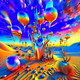 Bright, glittering, 3d, steel-like, surreal objects in a bright environment, desert, night light, melting steel, Yves Tanguy style, Salvador Dalí style