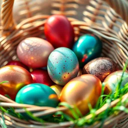 digital photograph of modern basket colorful Easter eggs. eggs display in azure, emerald, blush,red, crimson,gold, sapphire,metallic cinematic HDR backlighting highlights subtle dimples and glossy reflections, with shallow depth of field softening the sunlit background. hyperrealistic 8k resolution,
