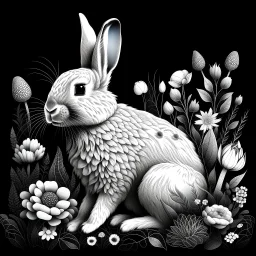 a beautiful rabbit between seeds and big flowers black background .black and white colors. for a coloring. with grayscale