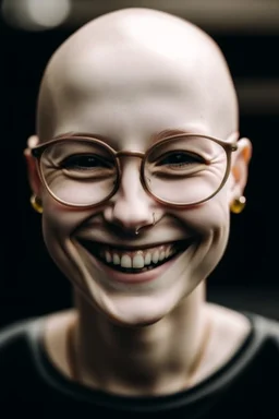 bald girl glasses teeth and grains