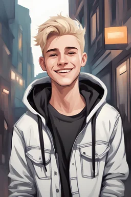 smiling blonde male teenager hearing a hoodie, jeans and a black t-shirt, simple background, cartoon fantasy oil painting style