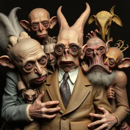 The oddest composition and mixture of beings, details very accentuated, Max Ernst style, oniric, pompous, George Grosz, distorted, blatant, gross, mundane, analogic photography, clear focus, ZBrush