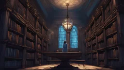 fantasy art, library, bookshelves, mystery, blue light