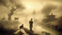 surreal and dreamlike, On a remote, fog-shrouded island, the reclusive Dr. Moreau operates a clandestine laboratory where he merges human and animal DNA, giving rise to a menagerie of unsettling hybrid creatures., vintage sepia, film effect, Golden-hour lighting, saturated, pastel, dreamy atmosphere, liquid psychedelic