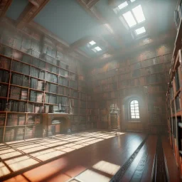 inside of a cybernetic gothic library, thousands of books, labyrintic architecture, orange color scheme, high key lighting, volumetric light high details with white stripes and feathers unreal 5, octane render, cinema4d, dynamic lighting, dramatic lighting, 4k, redshift render, highly detailed, hyper realistic, sunset, Stephan Eicher