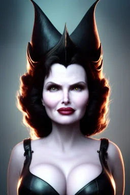 Geena Davis as evil queen in black leather, leather, busty, cleavage, angry, rage, stern look. character design by cory loftis, fenghua zhong, ryohei hase, ismail inceoglu and ruan jia. unreal engine 5, artistic lighting, highly detailed, photorealistic, fantasy