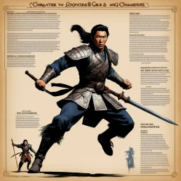 character concept sheet with AD&D statistics and characteristics, [high res photo by Ray Harryhausen for Sakra module B3] Donnie Yen as Kiu Fung with jumping with his short staff