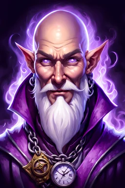 Generate a dungeons and dragons character portrait of the face of a male human wizard with a bald head, a long white beard, and purple eyes. He is smirking and glowing with magical energy. He looks mischievous and is smirking. He loves cocaine. He is holding a watch on a chain.
