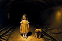 in a tunnel little girl is holding a teddy bear next to train tracks Leonor Fini