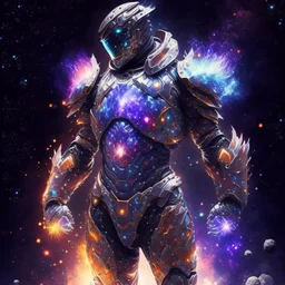 A battle suit made of galaxies and stars with a glove that has seven endless stones Battle armor from the extract of galaxies Battle armor from the extract of galaxies with a fiery sword