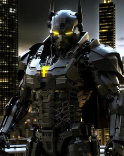 Create an image of a Batman Robot in a highly detailed and advanced armored suit, similar to the one shown but with even more intricate designs and cool features. The armor should have a sleek, futuristic look with glowing elements and enhanced gadgets visible on the suit. The setting is at dusk in an urban environment, with the character standing on a high-rise building overlooking a cityscape that reflects the advanced technology of the world they are protecting.