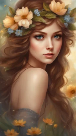 a girl with brown hair and flowers on her head, portrait of fairy princess, fairy look, big eyes, beautiful digital painting, beautiful fantasy maiden, digital painting, beautiful fantasy painting, faerie, very beautiful fantasy art, beautiful fantasy art, fairy aesthetics, beautiful fairie, beautiful fantasy art portrait, beautiful girl fairy, young girl, beautiful fairy, beautiful fantasy portrait, anime fantasy artwork