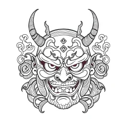 White, minimalis line art , oni mask japanes funny , vector, white background, outline, with images neatly contained within the background, just black and white color, tatto style.