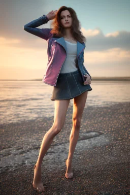 half body shot,realistic portrait of a 20-25 old caucasian model, long blue pink flowing hair, great grey eyes, blue leather jacket,full body, short white skirt,long legs,standing at beach of very nive lake with sunset ,clouds,godrayes