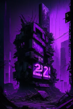 pos-apocalyptic cyberpunk city with destroyed buildings, a plubicity showing the number "2222", illuminated purple neon, dark, high contrast