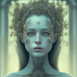 Portrait of beautiful girl, face dept of field,face shining, plant, metal, feathers,central weight average, CWA Dryad,Median filter fae, sidhe, ominous, nature, plants, wildflower sparkle,wildflower 3d view, facepaint, dnd character portrait, intricate, oil on canvas, masterpiece, expert, insanely detailed, 4k resolution, retroanime style, cute big circular reflective eyes, cinematic smooth, intricate detail , soft smooth lighting, soft pastel colors, painted Renaissance style,sharp focus