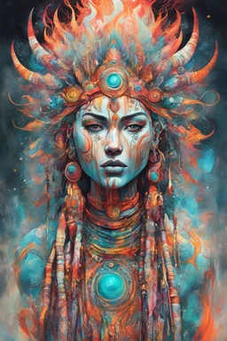 create an abstract expressionist full body illustration of a deeply spiritual, ethereal, darkly magical, epic nomadic tundra female shaman with highly detailed and deeply cut facial features, searing lines and forceful strokes, precisely drawn, boldly inked, with rich striking colors