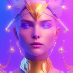 A portrait of a crystalised blue pink extraterrestrial, gold, diamonds, sunny background, atmospheric, realistic, unreal engine, 8k. Cinematic lighting, octane render.