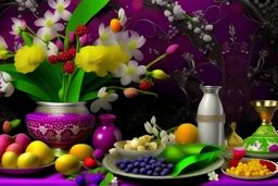 generate a picture of nowrooz the traditional Iranian and the "haft sin" new year. use purple as background.