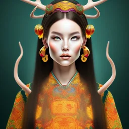 Mongol Goddess with antlers, portrait, detailed