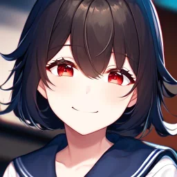 Clear focus,High resolution, black short fluffy hair, long fluffy bangs, and red eyes, Depressed girl, wearing a sailor uniform, Smug smile, half closed eyes, smile, Extreme close up,