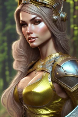 milf, brunet hair, knight armor, forest, 8k resolution, high-quality, fine-detail, intricate, fantasy art, detailed matte, volumetric lighting, illustration, 3D