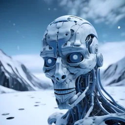 a futuristic humanoid robot face, made of bluish stone, winter cold background, snowy,