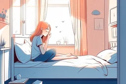 Ilustrasi Seorang gadis duduk di atas tempat tidur kamarnya di sore hari dengan napas terengah engah