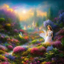 bright fairy, beautiful portrait, flowery landscape, cosmic ambiance