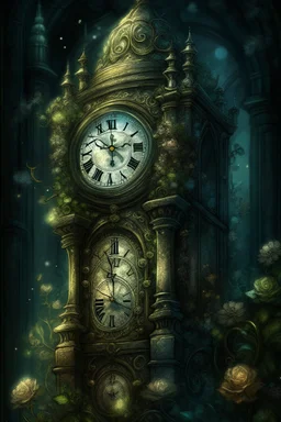 antique carved clock close-up on a stone tower covered with ivy and roses against the background of a night-time fairy-tale city, magic, magical lighting effect, illustration to a fairy tale, multilayer watercolor, fireflies, fine drawing of details with pencils, realistic, digital art, colors grey, emerald, umbra, beige, gold