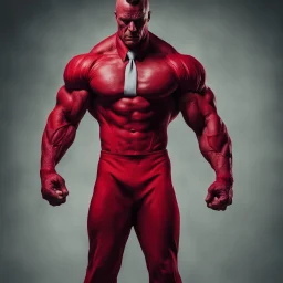 a sinister muscular figure wearing a red suit with a red tie with no face and dirty hair