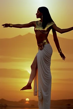 [ancien Egypt, real photography, pharaoh's throne room in background] The dance begins with slow, deliberate movements that mirror the rising sun over the horizon. Satiah's arms unfurl like delicate petals, capturing the essence of the lotus, a symbol of creation and rebirth. Her fingers trace intricate patterns in the air, evoking the cosmic dance of the heavens, where gods and stars move in a harmonious choreography. As the music's tempo quickens, Satiah's dance becomes more energetic and dyn