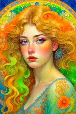 An ethereal portrait of a woman with flowing hair and piercing eyes, created with a mix of beauty and digital techniques, inspired by the works of Alphonse Mucha and Gustav Klimt