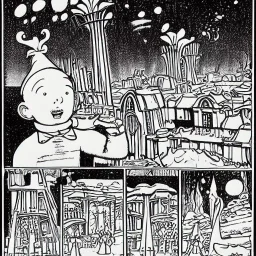 Village in the cosmos in Winsor McCay style and dr seuss style