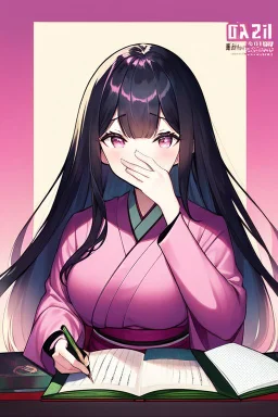 Cute Japanese girl, with pink eyes, dressed in her pink kimono and a black haori, black long hair with reddish tips, a piece of bamboo covering her mouth, drawing manga style, vibrant colors, in a manga book cover