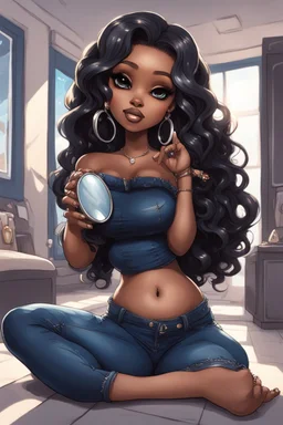 Create a futurism magna art of a black chibi curvy female sitting on the floor looking at herself in a hand mirror. She is wearing tight blue jeans and a black off the shoulder blouse. Prominent make up with lush lashes. Highly detailed long wavy hair. She is also wearing silver large hoop earringsart of a black chibi curvy female sitting on the floor looking at her cell phone. She is wearing tight blue jeans and a black off the shoulder blouse. Prominent make up with lush lashes.