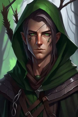 Portrait of 35 year old gender neutral rogue elf, thief assassin, messy mauve hair, bright green eyes, brown skin, black hood, black leather armor, messy, disheveled, trees, sneaky, bow and arrows, long and lean