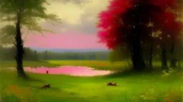 A pink swamp near a highway painted by George Inness